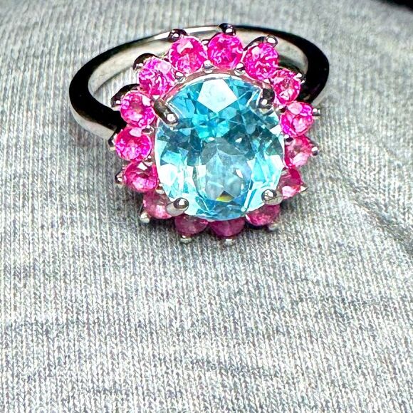 Jewelry - NWOT Blue Topaz 5.20 carat Pink Apatites Sterling Silver Ring Size 7